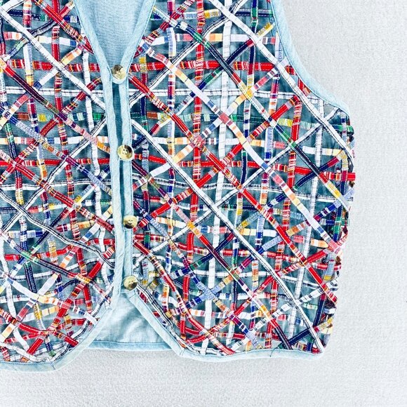 Vintage Cottagecore Vest Womens M Patchwork Denim Boho Costal Cowgirl Grandma - Picture 3 of 12